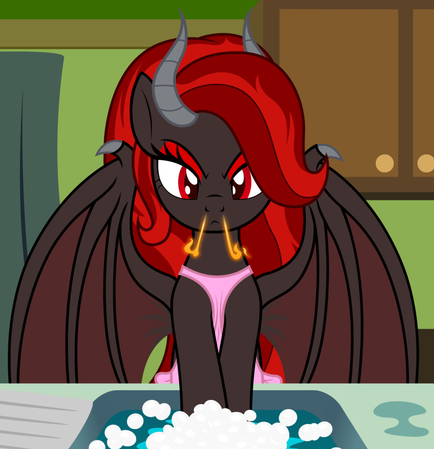 annoyed apron badumsquish clothing demon equid equine eyeshadow fan_character female fire fire_from_nose hair hasbro hi_res horn horse kim_stone_(oc) kitchen makeup mammal membrane_(anatomy) membranous_wings multicolored_hair my_little_pony pony red_eyes red_eyeshadow red_hair sink solo two_tone_hair washing_dishes wings