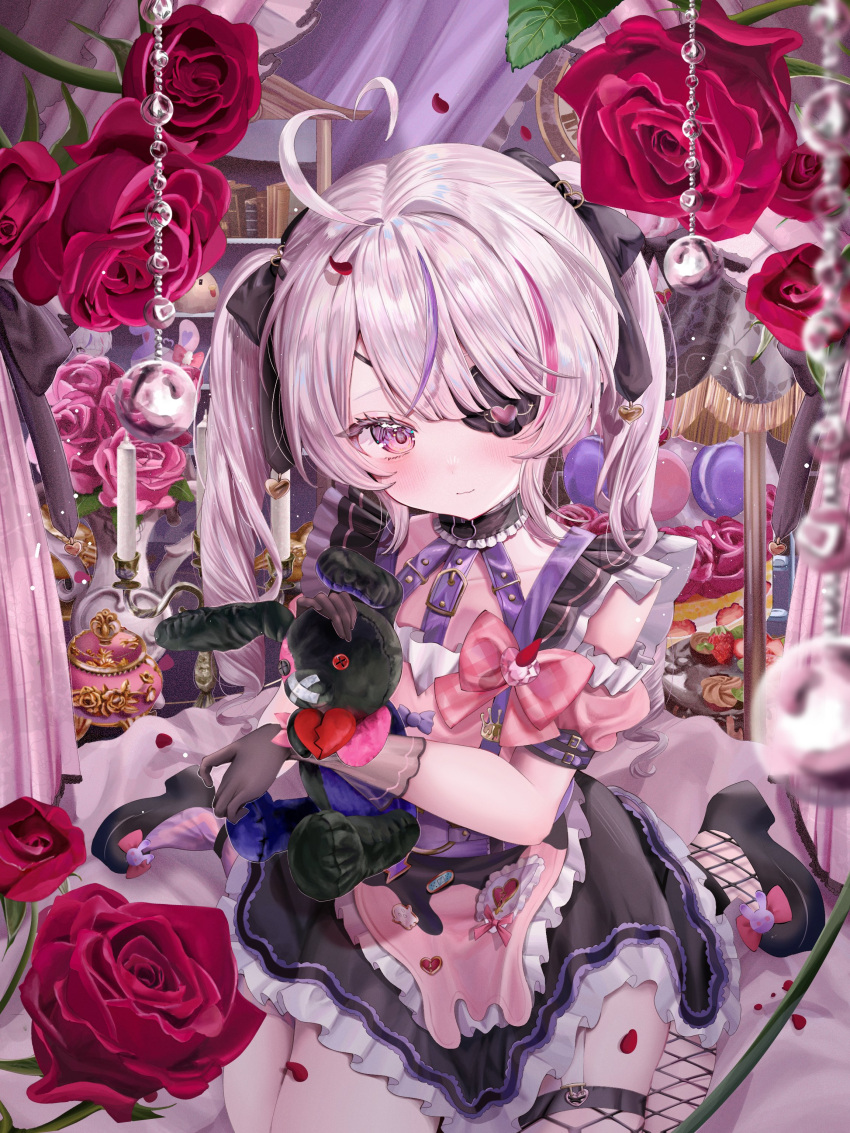 :3 absurdres ahoge black_gloves blush bow cake candelabra candle candlestand doll eyepatch female fishnet_thighhighs fishnets flower food garter_belt gloves hairbow heart heart_ahoge high_heels highres holding holding_doll looking_at_viewer maria_marionette maria_marionette_(2nd_costume) marippet_(maria_marionette) multicolored_hair nijisanji nijisanji_en petals pink_eyes pink_hair red_flower red_rose rfcnev rose rose_petals sheer_gloves single_thighhigh sitting solo streaked_hair stuffed_animal stuffed_toy thighhighs twintails virtual_youtuber wariza