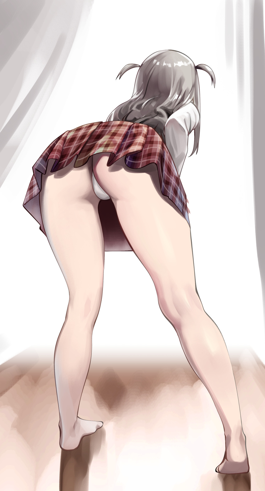 absurdres ass bare_legs barefoot bent_over commentary dalcom female from_behind grey_hair highres hololive kneepits legs_apart official_alternate_costume official_alternate_hairstyle panties plaid_clothes plaid_skirt pleated_skirt red_skirt sakamata_chloe sakamata_chloe_(gyarumata) shirt sketch_background skirt solo standing thighs toes two_side_up underwear white_panties white_shirt