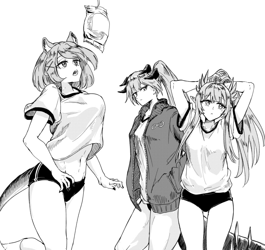 3girls absurdres animal_ears arknights breasts greyscale gym_uniform high_ponytail highres horns jacket jumping monochrome muelsyse_(arknights) multiple_girls open_clothes open_jacket pointy_ears purokion_katou saria_(arknights) utage_(arknights)