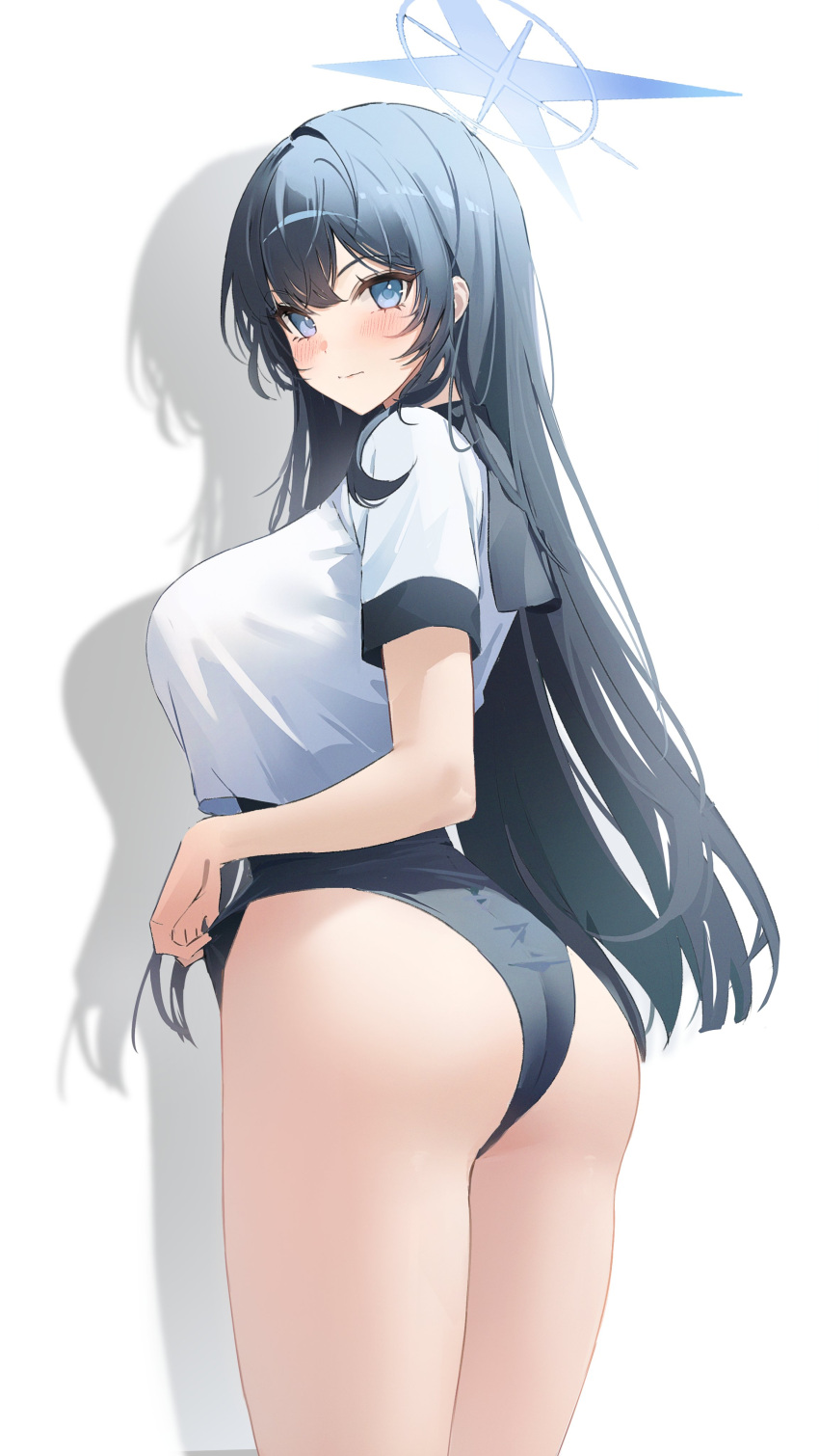 absurdres alternate_costume ass black_hair black_one-piece_swimsuit blue_archive blue_eyes blush breasts closed_mouth commentary_request female from_behind highres large_breasts long_hair looking_at_viewer one-piece_swimsuit ryu_o saori_(blue_archive) shadow shirt short_sleeves simple_background solo swimsuit swimsuit_under_clothes thighs white_background white_shirt