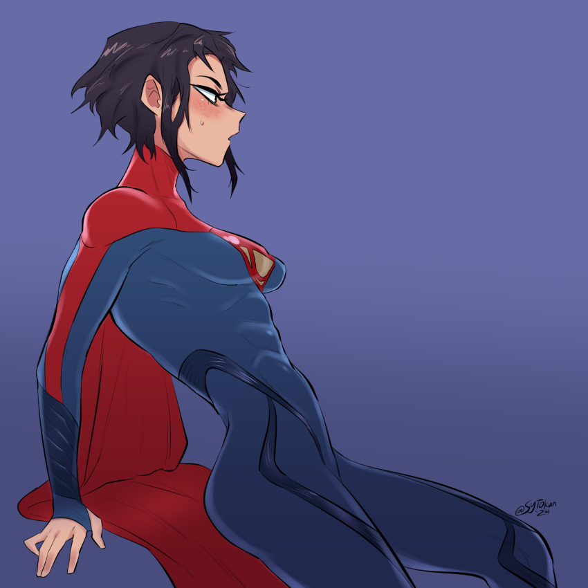 black_hair blue_background blush bodysuit breasts cape dc_comics dc_extended_universe english_commentary female from_side gradient_background highres medium_breasts red_cape signature solo supergirl superman_(series) sweatdrop sytokun twitter_username