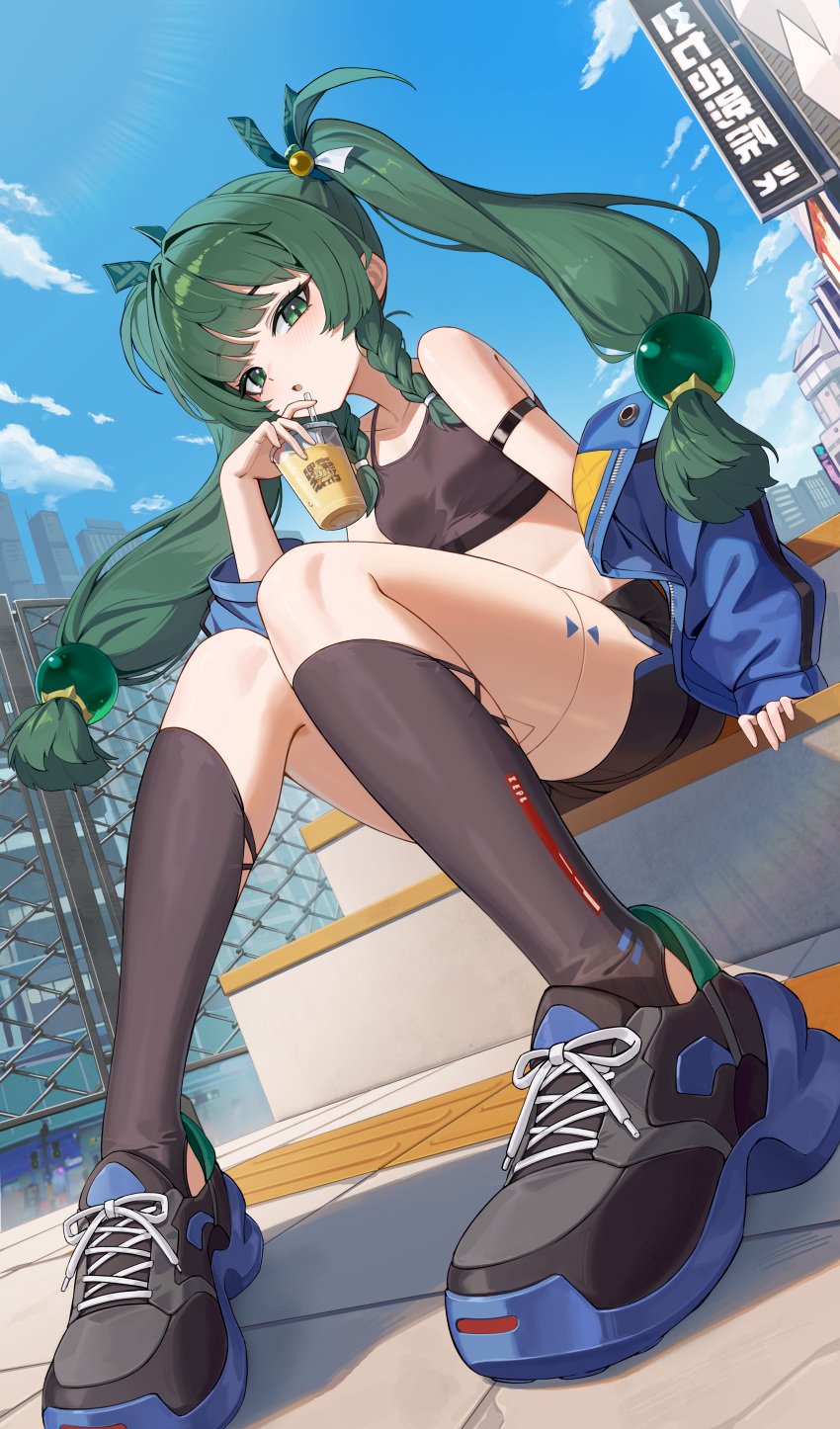 absurdres arm_strap bare_shoulders black_footwear black_shirt black_shorts blue_jacket blue_sky braid breasts clothes_down collarbone commentary crop_top cup day disposable_cup dkxlek drinking_straw dutch_angle female green_eyes green_hair green_ribbons hair_ribbon highres holding holding_cup jacket long_hair looking_at_viewer low_twin_braids mechanical_legs outdoors parted_lips qingyi_(zenless_zone_zero) ribbon shirt shorts sitting sky small_breasts solo twin_braids twintails zenless_zone_zero