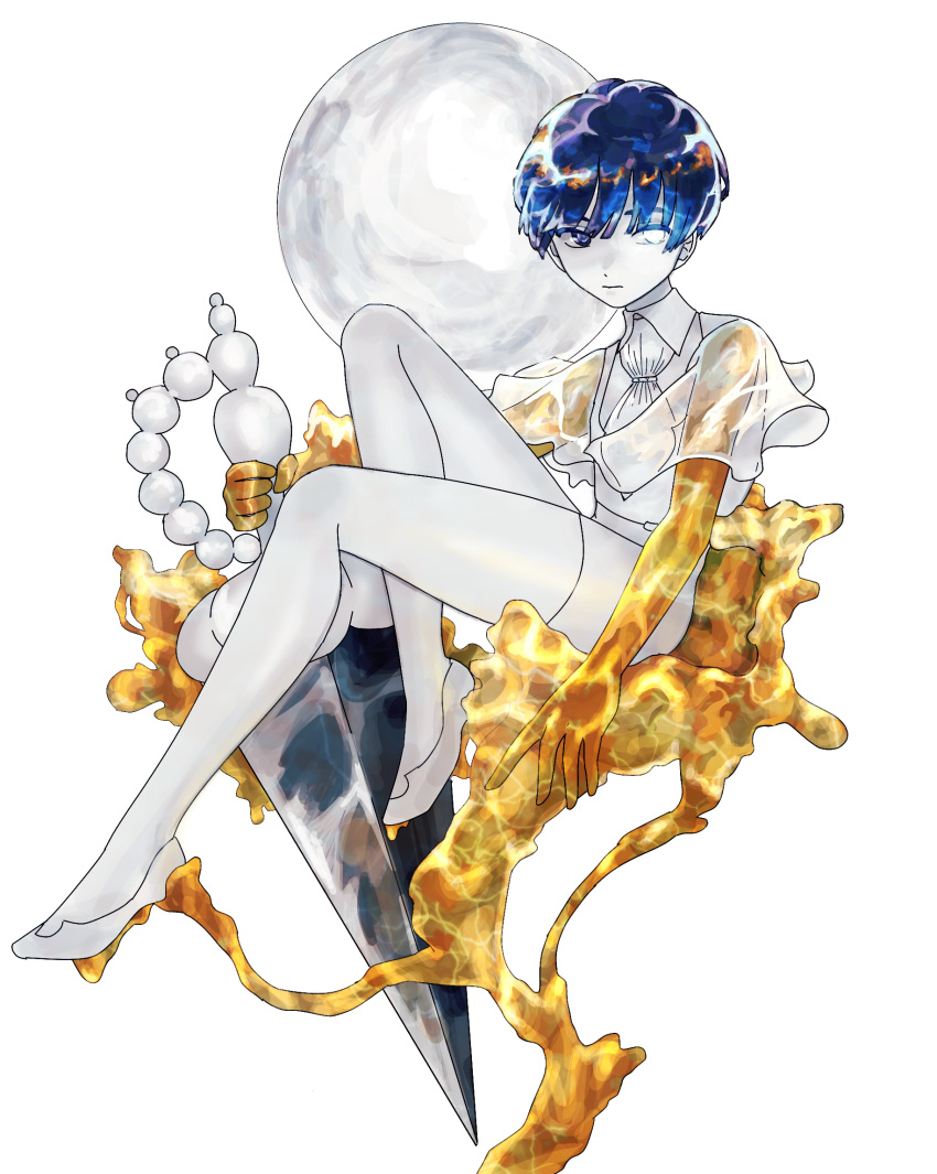 1other androgynous blue_eyes blue_hair blunt_bangs colored_eyelashes colored_skin commentary_request crystal_hair full_body full_moon glowing glowing_eye gold golden_arms heterochromia highres houseki_no_kuni jtmpadn looking_at_viewer moon necktie other_focus phosphophyllite phosphophyllite_(ll) see-through_clothes see-through_sleeves serious short_hair solo sword weapon white_background white_eyes white_skin