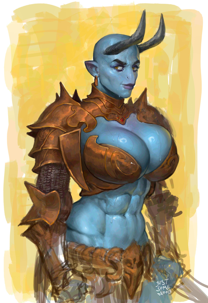 abs absurdres alien armor artist_name bald bald_girl blue_skin breasts cleavage colored_skin female highres horns justsomenoob large_breasts muscular muscular_female navel original pointy_ears solo