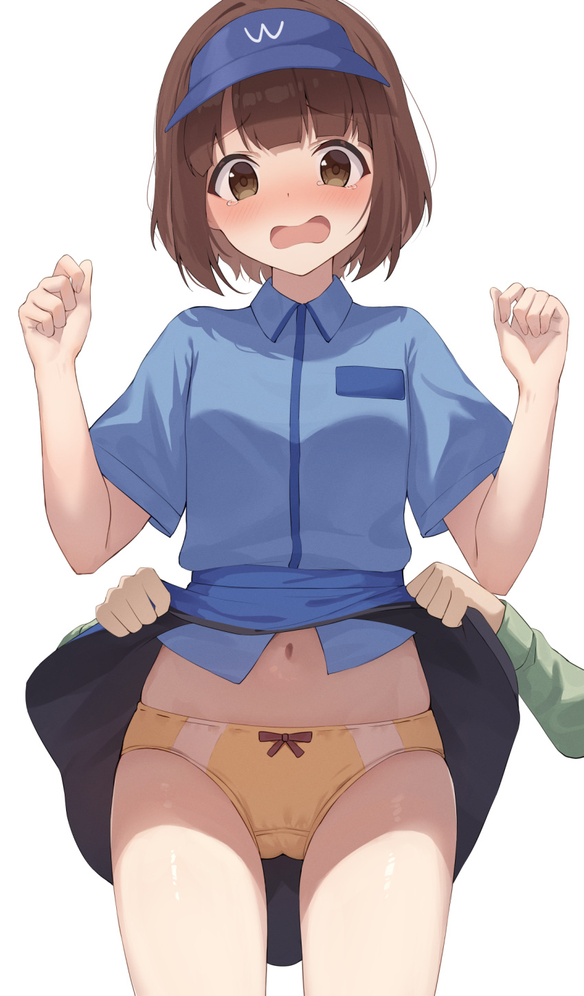 bitseon blue_shirt blue_skirt blush brown_eyes brown_hair clothes_lift embarrassed highres medium_hair open_mouth panties saionji_(tanakeda) shirt skirt skirt_lift tanaka-kun_wa_itsumo_kedaruge underwear white_background yellow_panties