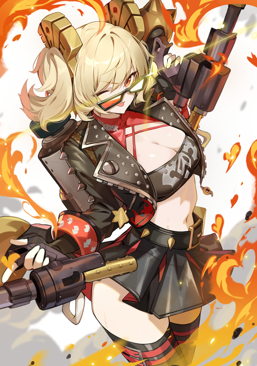 ;) ;p absurdres bandeau black_jacket black_skirt black_thighhighs blonde_hair burnice_white female fire gloves goomrrat highres holding holding_weapon jacket long_sleeves looking_at_viewer midriff miniskirt navel one_eye_closed open_clothes open_jacket pleated_skirt short_hair skirt smile solo stomach strapless thighhighs tongue tongue_out tube_top v-shaped_eyebrows weapon zenless_zone_zero