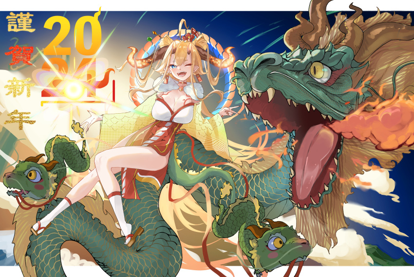 2024 absurdres blonde_hair breasts chankuro chinese_zodiac dragon eastern_dragon female highres horns long_hair looking_at_viewer new_year one_eye_closed original pointy_ears sandals sitting smile socks solo year_of_the_dragon