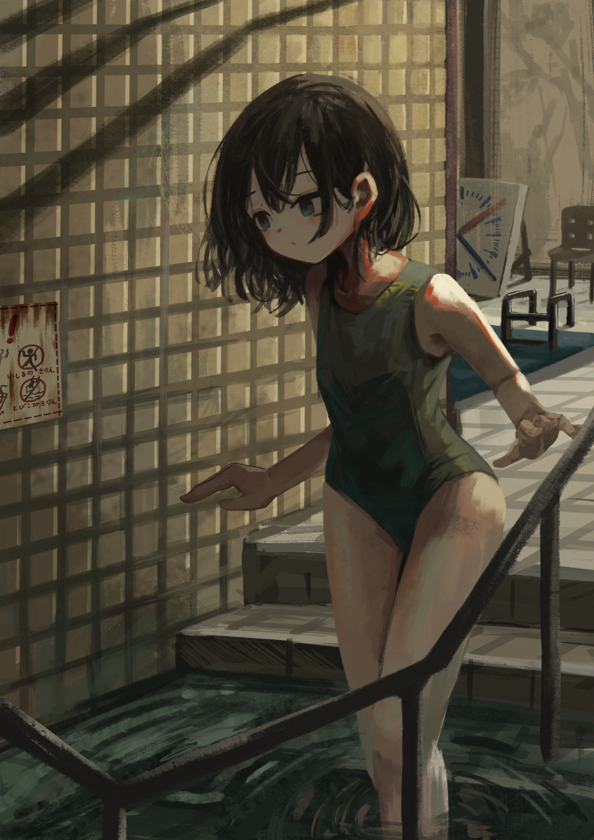 :/ absurdres black_hair blue_eyes blue_one-piece_swimsuit chair clock closed_mouth dot_mouth dot_nose eliot_(eokaitekaite969) feet_out_of_frame female guard_rail highres indoors medium_hair messy_hair no_symbol one-piece_swimsuit original outstretched_arms pool pool_ladder ripples sign solo spread_arms standing swimsuit tile_floor tile_wall tiles