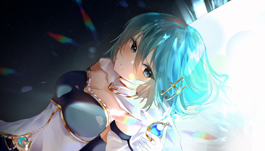 aqua_eyes aqua_hair bare_shoulders blurry blush bokeh breasts cape cleavage collarbone depth_of_field detached_sleeves dutch_angle female hair_between_eyes hair_ornament hairclip highres light_particles looking_at_viewer mahou_shoujo_madoka_magica mahou_shoujo_madoka_magica_(anime) medium_breasts miki_sayaka musical_note musical_note_hair_ornament parted_lips short_hair sleeveless solo soul_gem white_cape yumelixt