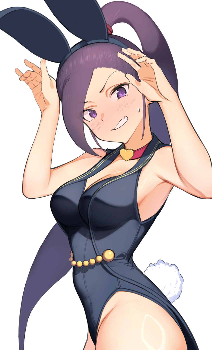 absurdres animal_ears armpits arms_up bare_arms bare_shoulders black_hairband black_leotard blush breasts choker cleavage clenched_teeth cowboy_shot dragon_quest dragon_quest_xi fake_animal_ears fake_tail female hairband heart heart_choker high_ponytail highres leotard long_hair looking_at_viewer maeve_(ve) martina_(dq11) medium_breasts parted_lips purple_eyes purple_hair rabbit_pose red_choker simple_background solo tail teeth v-shaped_eyebrows white_background