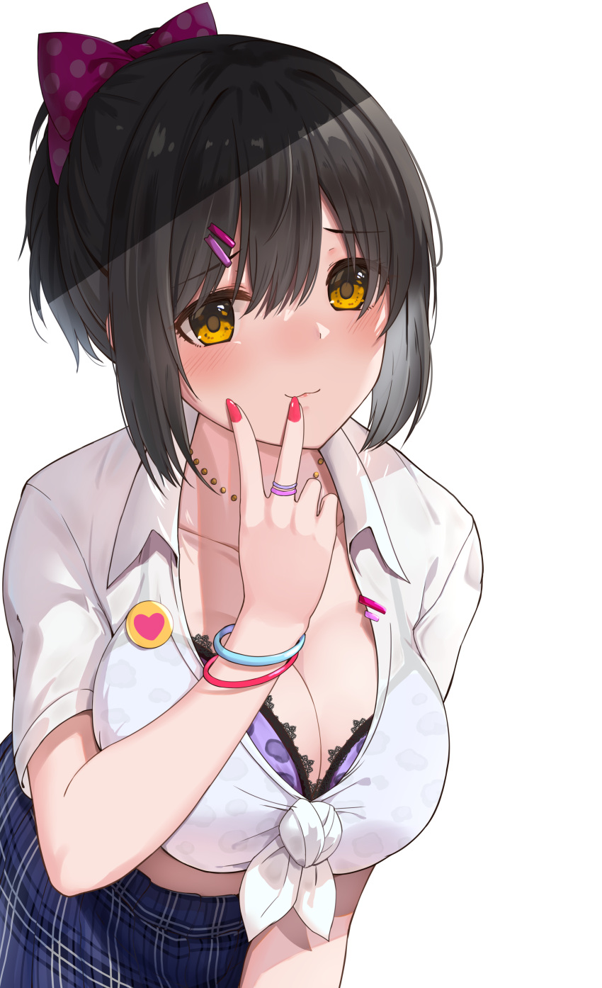 :3 absurdres animal_print badge black_hair blue_skirt blush bow bra bra_visible_through_clothes bracelet breasts button_badge cleavage closed_mouth collarbone dot_nose female furrowed_brow gyaru hair_ornament hair_ribbon hairbow hairclip hand_up highres idolmaster idolmaster_cinderella_girls idolmaster_cinderella_girls_starlight_stage jewelry kozeni_isari large_breasts leopard_print looking_at_viewer midriff multiple_bracelets nail_polish necklace pink_ribbon plaid_clothes plaid_skirt polka_dot polka_dot_ribbon print_bra purple_bra red_nails ribbon ring school_uniform shadow shirt short_hair short_sleeves simple_background skirt smile solo takafuji_kako tied_shirt underwear upper_body v white_background white_shirt yellow_eyes