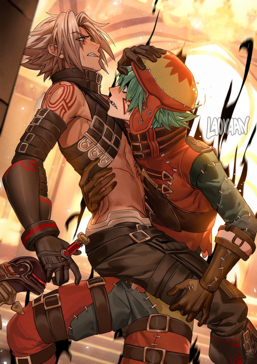 .hack// .hack//g.u. 2boys aqua_hair azure_kite belt belt_collar blush chest_belt collar english_commentary facial_tattoo gloves grey_hair haseo_(.hack//) hat head_on_chest highres holding holding_weapon laovaan leg_belt male_focus multiple_boys orange_hat patchwork_clothes sharp_teeth shoulder_tattoo stitched_sleeves stitches stomach_tattoo tattoo teeth thigh_belt thigh_strap weapon yaoi