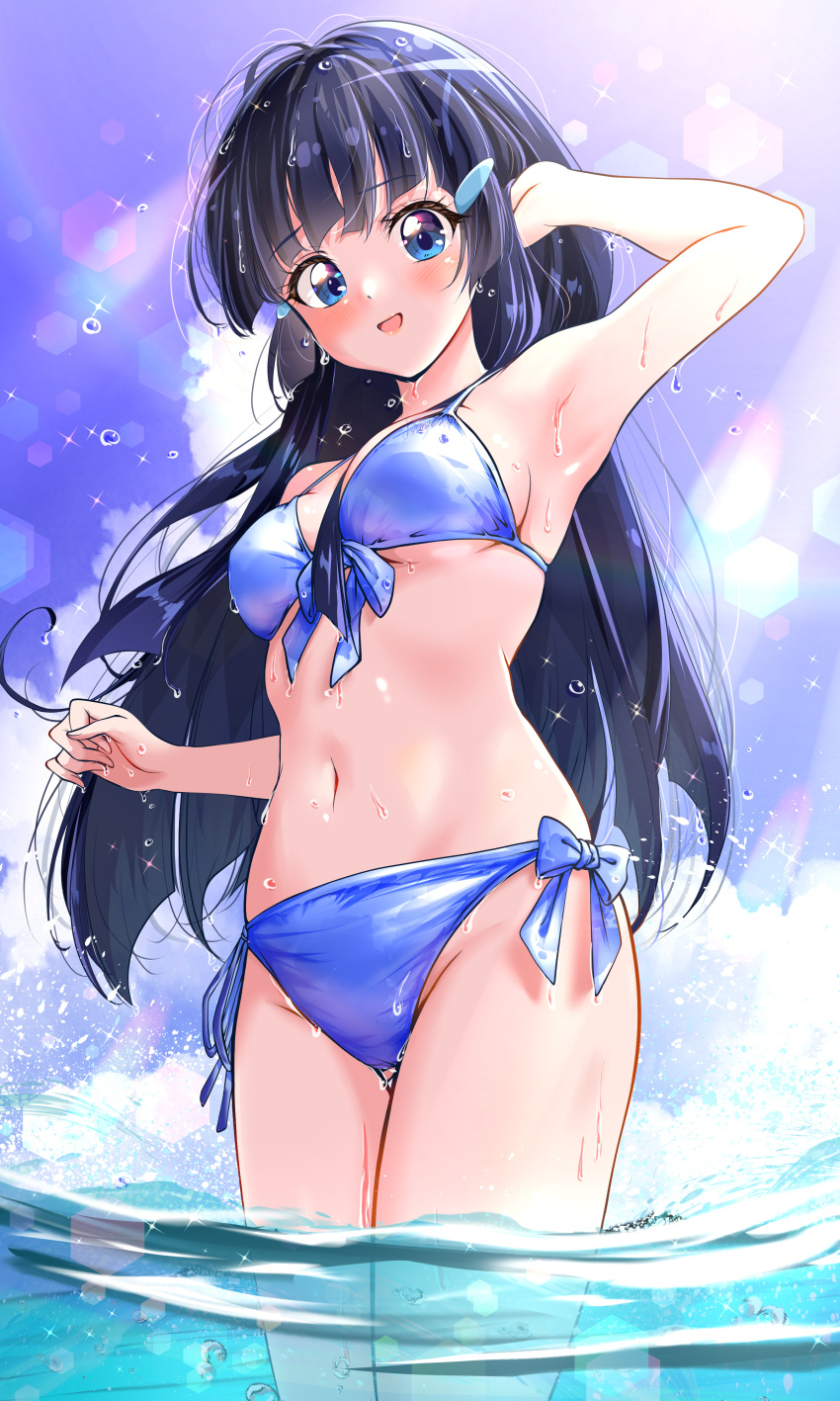 absurdres aoki_reika beach bikini blue_bikini blue_eyes blue_hair blue_sky blush breasts check_commentary cloud cloudy_sky commentary_request commission day female hair_ornament hairclip highres kakikakilemon long_hair looking_at_viewer ocean outdoors pixiv_commission precure sky small_breasts smile smile_precure solo swimsuit water