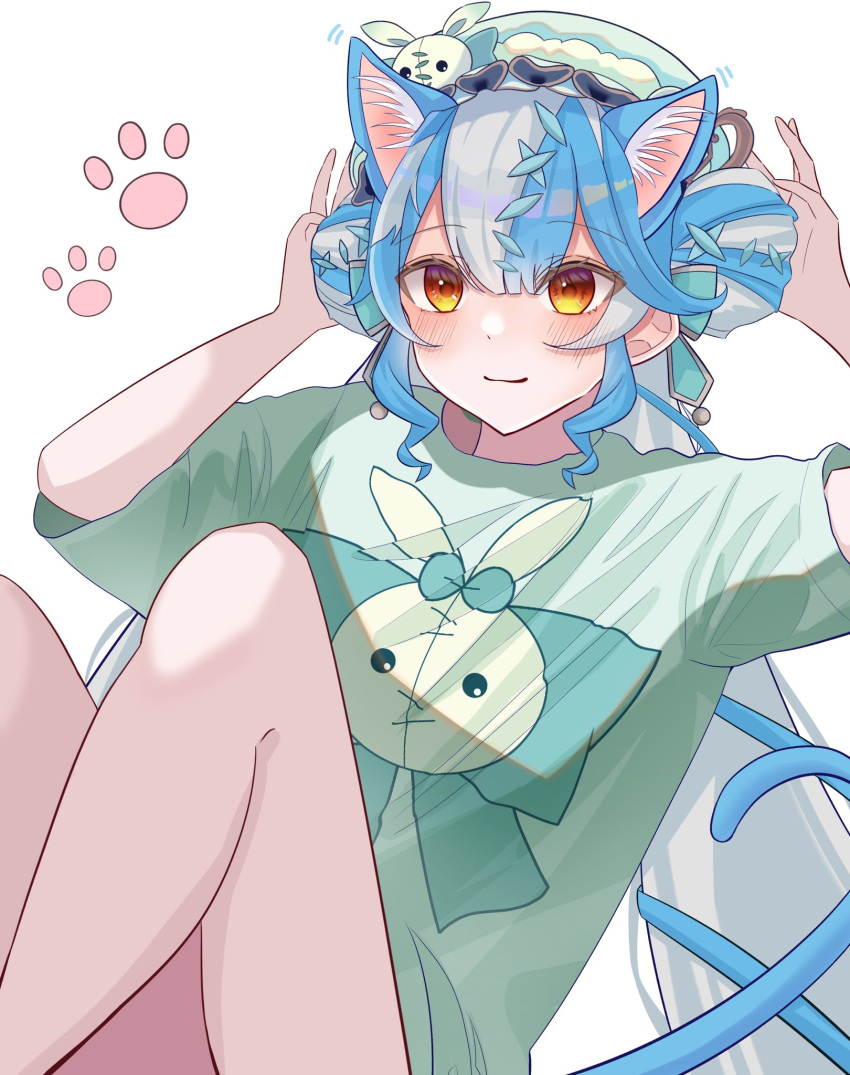 animal_ear_fluff animal_ears blue_hair blush cat_ears cat_tail female hat highres legs light_smile looking_at_viewer mob_cap multicolored_hair nijisanji nijisanji_en orange_eyes samidaretoukou shirt solo spiritmate_(twisty_amanozako) streaked_hair t-shirt tail twisty_amanozako virtual_youtuber