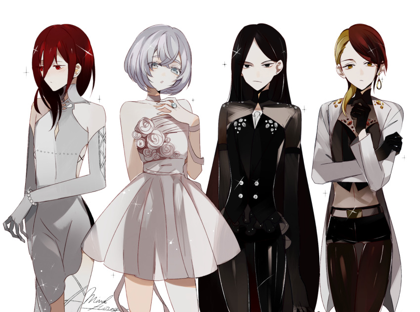 4others alternate_costume androgynous black_eyes black_hair black_pantyhose blonde_hair bort choker cinnabar_(houseki_no_kuni) collarbone commentary_request crystal_hair diamond_(houseki_no_kuni) dress earrings gloves houseki_no_kuni jewelry long_hair long_sleeves looking_at_viewer mina_hiragi multicolored_hair multiple_others open_mouth pantyhose red_eyes red_hair rutile_(houseki_no_kuni) short_shorts shorts signature simple_background smile sparkle standing very_long_hair white_background white_dress white_eyes white_hair yellow_eyes