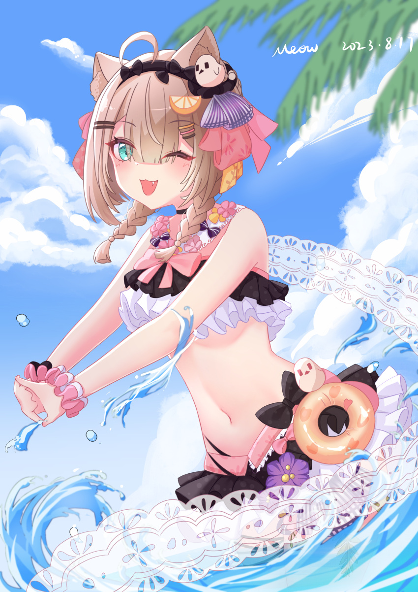 absurdres ahoge animal_ears bare_shoulders bikini black_bikini blue_sky braid breasts brown_hair cat_ears cat_tail chinese_commentary cloud commentary_request dated frilled_bikini frills green_eyes hair_ornament highres honkai_(series) honkai_impact_3rd medium_breasts meow navel oerba_yun_fang official_alternate_costume one_eye_closed outdoors pardofelis pardofelis_(midsummer_collector) scrunchie short_hair skin_fang sky stomach swimsuit tail twin_braids water wrist_scrunchie