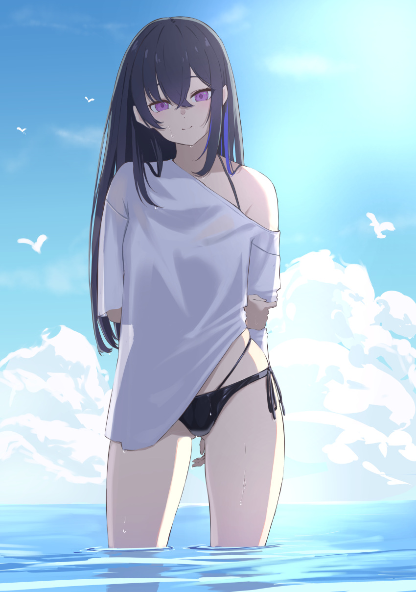 absurdres arm_behind_back bikini bird black_bikini black_hair blue_hair blue_sky cloud crossed_bangs female hair_between_eyes highres ichinose_uruha light_smile long_hair looking_at_viewer multi-strapped_bikini_bottom multicolored_hair navel partially_submerged purple_eyes see-through_silhouette shirt side-tie_bikini_bottom single_bare_shoulder siro_o77 sky solo streaked_hair swimsuit virtual_youtuber vspo! water wet white_shirt