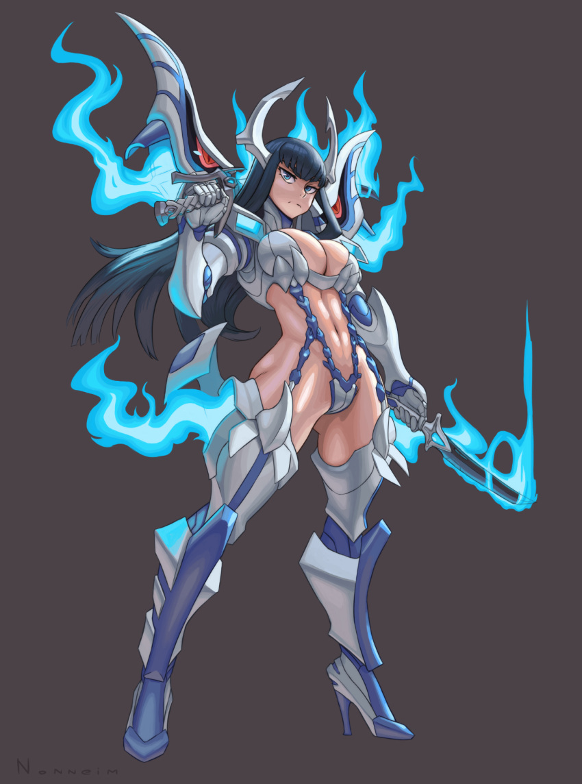 adapted_costume black_hair blue_eyes blue_fire boots breasts dual_wielding female fire full_body garter_straps grey_background high_heel_boots high_heels highres holding holding_weapon horns junketsu kill_la_kill kiryuuin_satsuki large_breasts long_hair looking_back navel nonneim over_shoulder revealing_clothes solo standing thigh_boots weapon weapon_over_shoulder