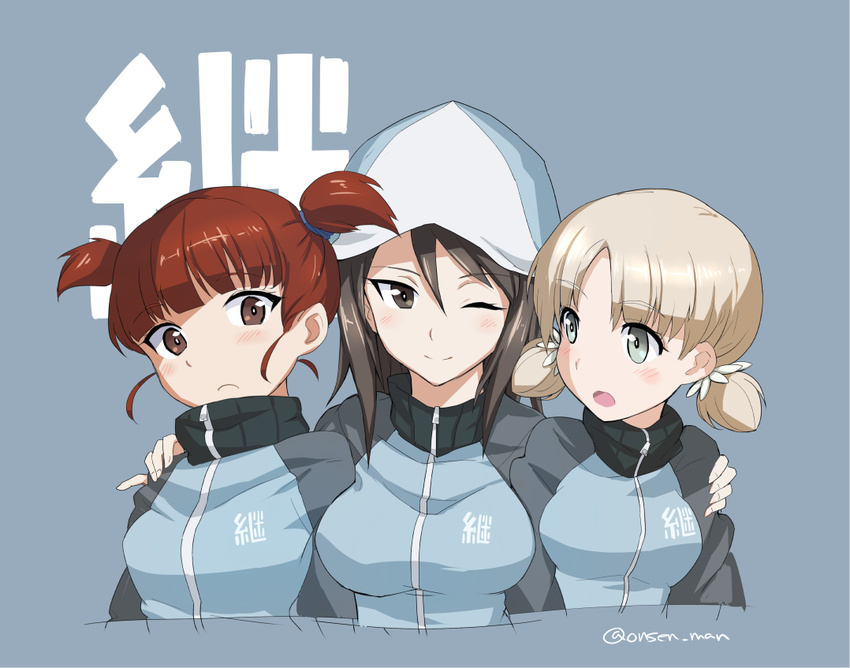 3girls aki_(girls_und_panzer) aqua_eyes arms_at_sides bad_id bad_pixiv_id blonde_hair blue_background blue_headwear breasts brown_eyes brown_hair eyebrows girls_und_panzer hair_between_breasts hair_between_eyes hands_on_another's_shoulders hat jacket keizoku_military_uniform long_hair long_sleeves looking_at_another looking_at_viewer medium_breasts mika_(girls_und_panzer) mikko_(girls_und_panzer) military military_uniform multiple_girls one_eye_closed onsen_man open_mouth red_hair short_twintails smile track_jacket tulip_hat twintails uniform upper_body