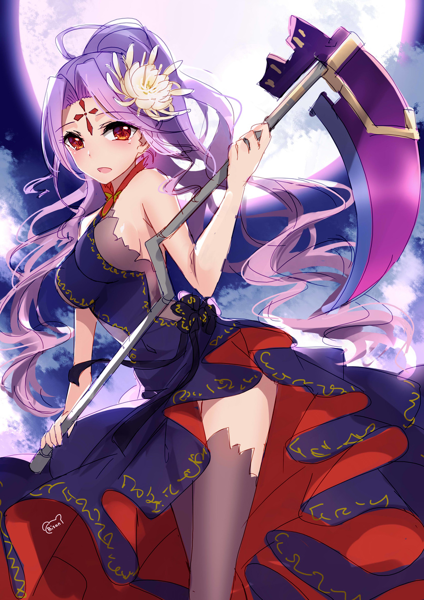 absurdres bison_cangshu black_thighhighs breasts chinese_commentary commentary_request crusaders_quest dress epiphyllum female flower full_moon hair_flower hair_ornament highres holding holding_scythe holding_weapon huge_moon lilith_(crusaders_quest) long_hair looking_at_viewer medium_breasts moon open_mouth outdoors purple_hair red_eyes scythe sideboob solo thighhighs weapon white_flower