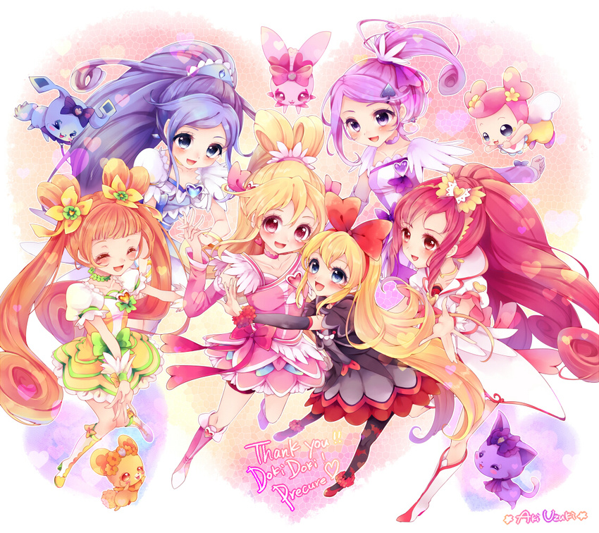 6+girls ai-chan_(dokidoki!_precure) aida_mana animal_print artist_name asymmetrical_clothes bat_print blonde_hair blue_eyes blue_hair blue_skirt blush boots bow brooch choker closed_eyes commentary_request copyright_name cure_ace cure_diamond cure_heart cure_rosetta cure_sword curly_hair davi_(dokidoki!_precure) dokidoki!_precure double_bun earrings english_text eyelashes hair_bun hair_flip hair_ornament hair_ribbon hairclip half_updo happy heart heart_brooch heart_hair_bun high_heels high_ponytail hishikawa_rikka jewelry kenzaki_makoto knee_boots kneehighs looking_at_viewer madoka_aguri magical_girl mosaic_background multiple_girls open_mouth orange_hair pantyhose pink_arm_warmers pink_bow pink_eyes pink_skirt pink_sleeves ponytail precure print_pantyhose purple_arm_warmers purple_choker purple_eyes purple_hair purple_skirt rakeru_(dokidoki!_precure) rance_(dokidoki!_precure) red_eyes red_hair red_skirt regina_(dokidoki!_precure) ribbon sharuru_(dokidoki!_precure) side_ponytail signature skirt smile socks thigh_boots thighhighs thighs twintails uzuki_aki waist_bow yellow_skirt yotsuba_alice