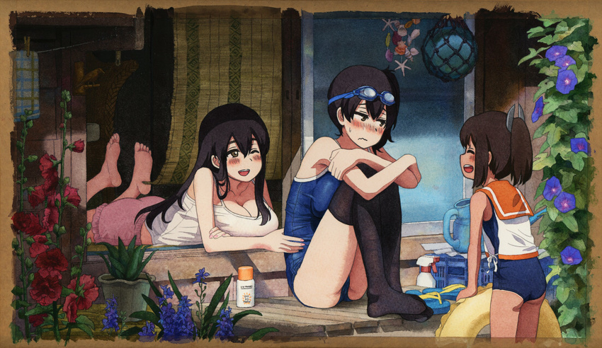 3girls ;d ^_^ akagi_(kancolle) aloe_(plant) alternate_costume bamboo_screen barefoot black_thighhighs blue_flower blue_one-piece_swimsuit blush border bottle breast_press breast_rest breasts brown_border brown_eyes brown_hair camisole closed_eyes clothes_pin clothesline collarbone commentary_request feet_up flip-flops flower glass_float goggles goggles_on_head hair_between_eyes hair_ornament hollyhock hugging_own_legs i-401_(kancolle) innertube kaga_(kancolle) kantai_collection knees_up large_breasts long_hair looking_at_another looking_away looking_to_the_side lotion_bottle lying morning_glory multiple_girls no_shoes nose_blush on_floor on_stomach one-piece_swimsuit one_eye_closed open_mouth painting_(medium) pink_shorts plant ponytail potted_plant purple_flower red_flower sailor_collar sailor_shirt sandals school_swimsuit seashell shell shijukara_(great_tit) shirt short_hair shorts side_ponytail sitting sleeveless sleeveless_shirt smile soles spaghetti_strap spray_bottle starfish summer swim_ring swimsuit swimsuit_under_clothes tan teeth the_pose thighhighs traditional_media unworn_sandals veranda watercolor_(medium) watering_can wavy_mouth