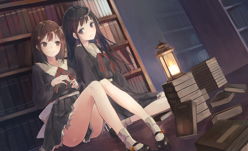 2girls ass black_eyes black_hair blush book bookshelf brown_eyes brown_hair commentary flowers_(innocent_grey) frills highres kobuta kousaka_mayuri lantern library long_hair mary_janes multiple_girls pleated_skirt ribbon school_uniform shirahane_suou shoes sitting skirt smile socks thighs white_legwear yokozuwari