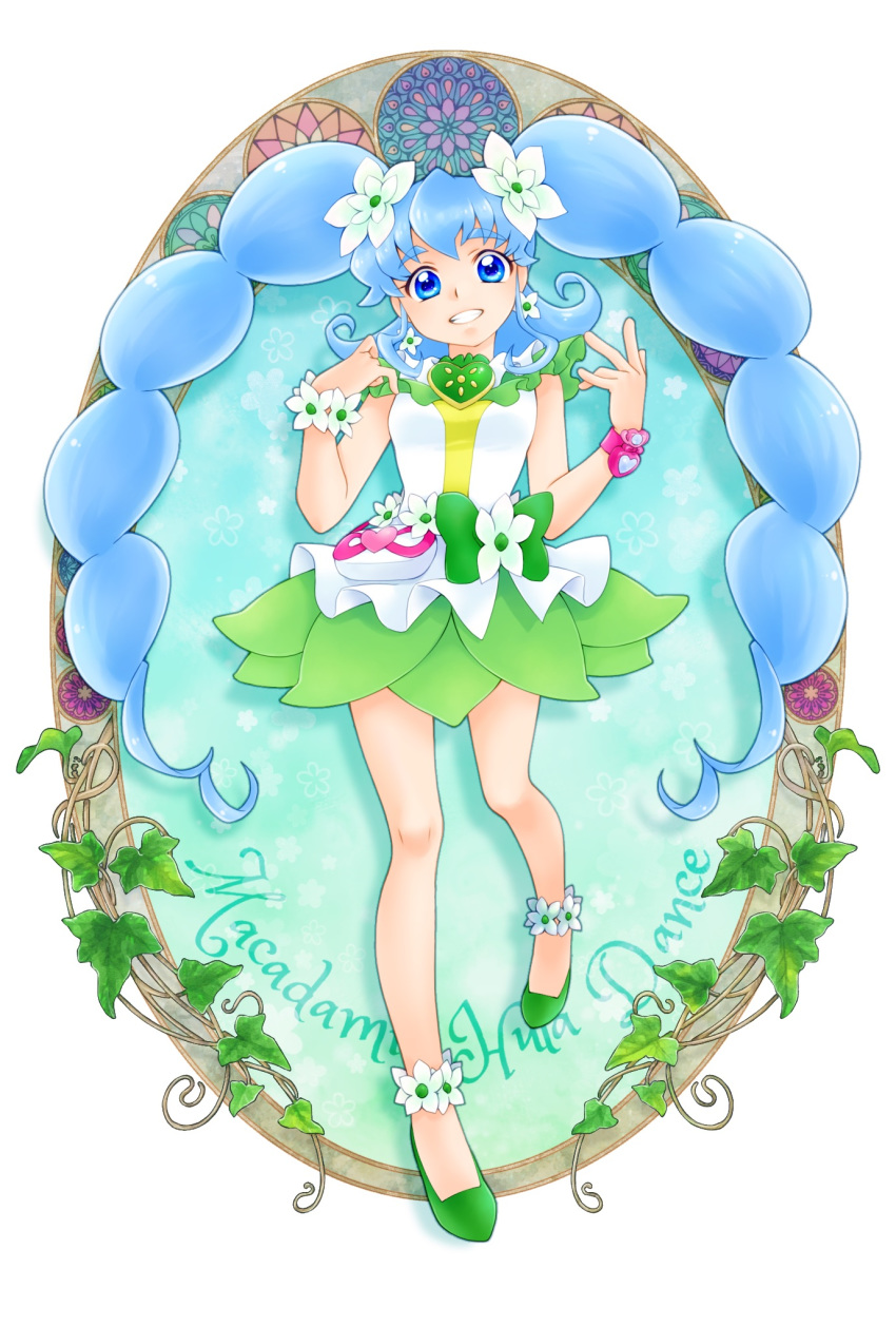 aizen_(syoshiyuki) bare_legs blue_eyes blue_hair brooch commentary_request cure_princess cure_princess_(macadamia_hula_dance) earrings female flower flower_earrings full_body green_footwear green_skirt grin hair_flower hair_ornament happinesscharge_precure! heart heart_brooch highres jewelry long_hair looking_at_viewer magical_girl precure shirayuki_hime shoes sidelocks skirt smile solo twintails wrist_cuffs