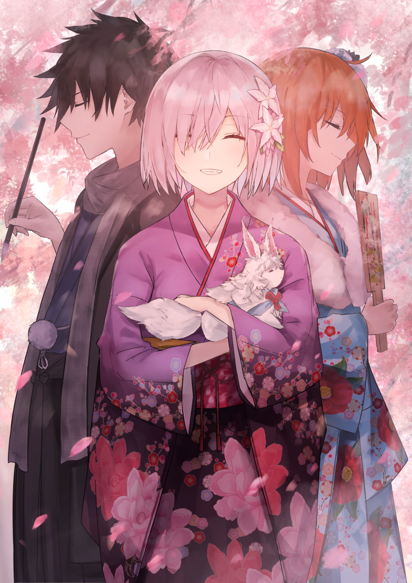 1boy 2girls ^_^ absurdres ahoge alternate_costume black_hair black_hakama blue_kimono calligraphy_brush camellia_print cherry_blossoms closed_eyes commentary_request cowboy_shot facing_viewer fate/grand_order fate_(series) floral_print fou_(fate) from_side fujimaru_ritsuka_(female) fujimaru_ritsuka_(female)_(ceremonial_new_year) fujimaru_ritsuka_(male) fujimaru_ritsuka_(male)_(ceremonial_new_year) fur_trim grey_scarf grin hakama hakama_skirt hand_up haori highres holding holding_brush japanese_clothes kimono long_sleeves magnolia mash_kyrielight mash_kyrielight_(grand_new_year) multiple_girls obi official_alternate_costume orange_hair paddle paintbrush pink_hair pink_sash plum_blossom_print profile purple_kimono sash scarf short_hair skirt smile standing thkani wide_sleeves