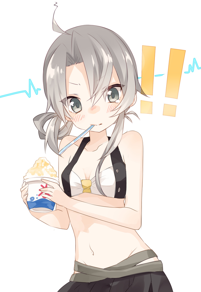 ! !! absurdres ahoge asymmetrical_hair bare_shoulders bikini blush bowl brain_freeze closed_mouth collarbone commentary_request drinking_straw eyes_visible_through_hair female flipped_hair food grey_eyes grey_hair highres holding holding_bowl holding_food kantai_collection looking_at_viewer mouth_hold navel nowaki_(kancolle) orqz shaved_ice simple_background solo spoon_straw swept_bangs swimsuit tsurime upper_body utensil_in_mouth waveform white_background