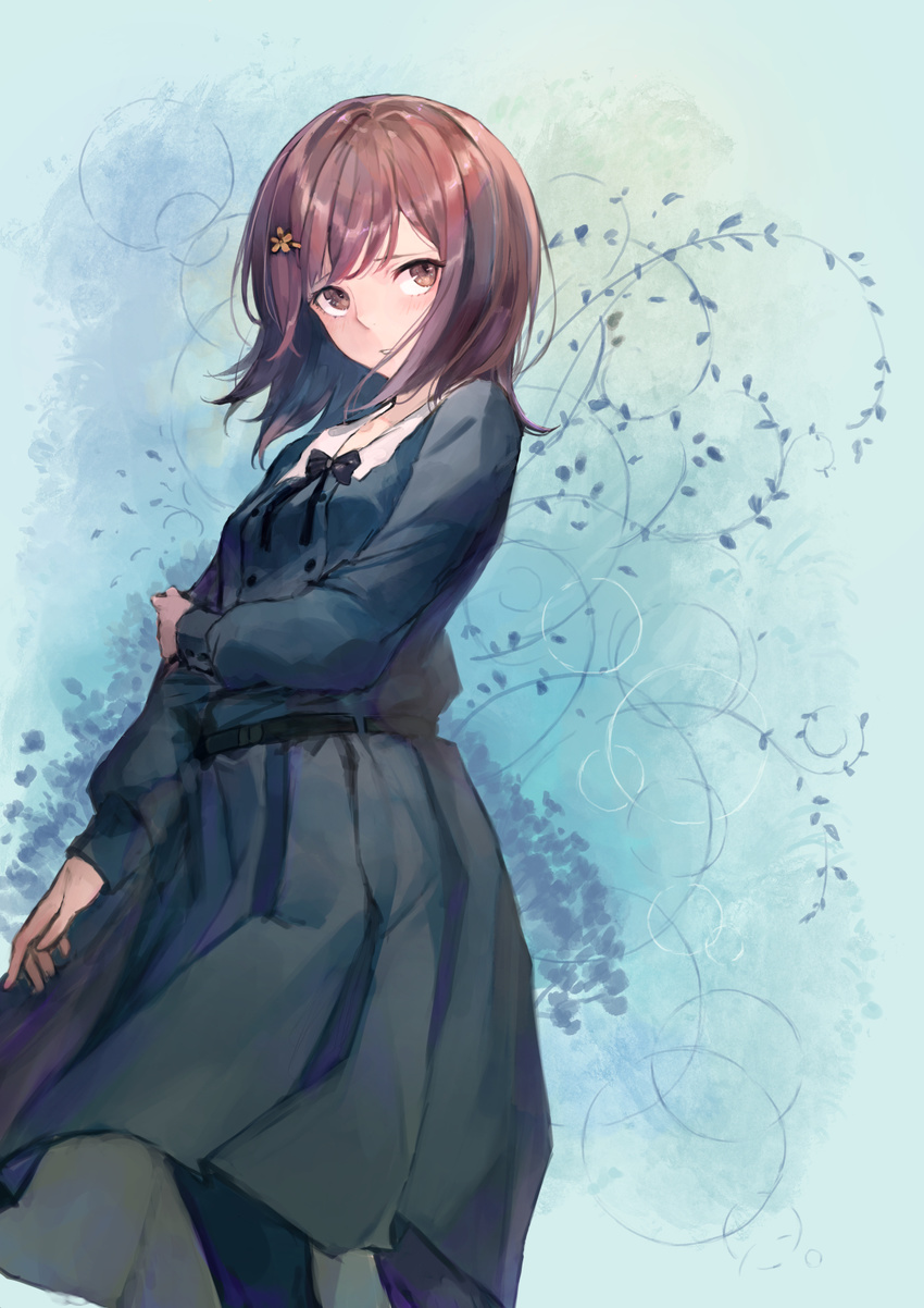 black_ribbon blush brown_eyes brown_hair commentary_request female flowers_(innocent_grey) hair_ornament hairclip highres kobuta kousaka_mayuri ribbon sad school_uniform short_hair solo