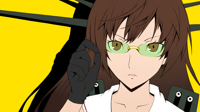 brown_hair choukai_(kancolle) commentary_request female glasses gloves hair_ornament highres kantai_collection long_hair looking_at_viewer parody persona persona_4 rimless_eyewear school_uniform solo tnk_(p_freaks)