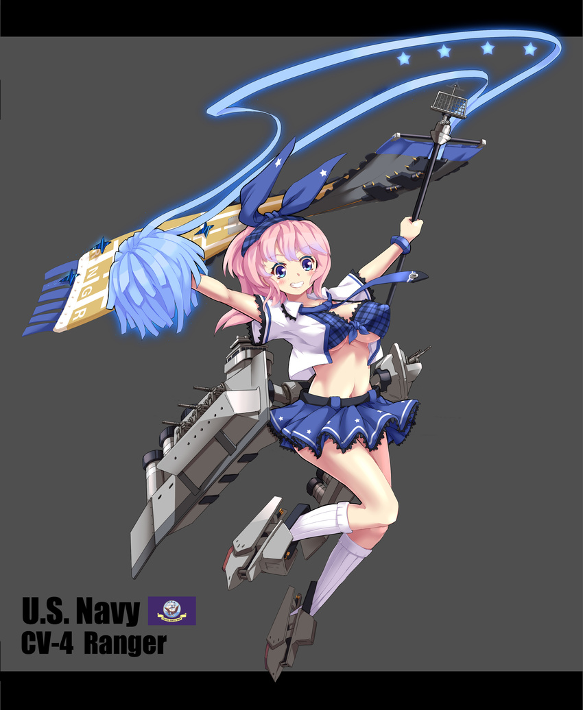 absurdres bikini bikini_top_only blue_eyes breasts character_name cheerleader commentary_request female grin hair_ribbon hairband highres jumping large_breasts midriff official_art open_clothes open_shirt photoshop_(medium) pink_hair pom_pom_(cheerleading) ponytail ranger_(mod)_(warship_girls_r) ranger_(warship_girls_r) ribbon rigging shirt sirills skirt smile solo swimsuit uss_ranger_(cv-4) warship_girls_r