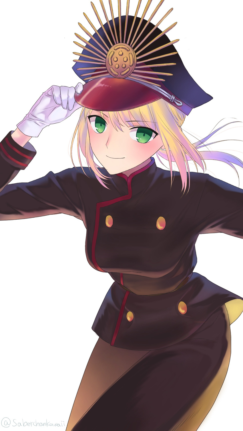 adjusting_clothes adjusting_headwear artoria_pendragon_(fate) blonde_hair blush breasts commentary_request cosplay cowboy_shot fate_(series) female gloves gradient_hair green_eyes hat highres koha-ace leaning_forward long_sleeves looking_at_viewer medium_breasts military military_uniform multicolored_hair nipi27 oda_nobunaga_(fate) oda_nobunaga_(koha-ace) oda_nobunaga_(koha-ace)_(cosplay) peaked_cap pink_hair saber_(fate) smile solo two-tone_hair uniform white_gloves