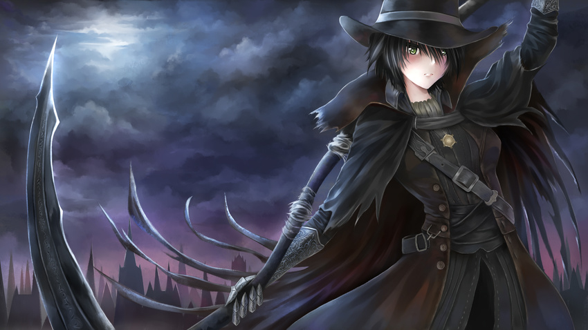 absurdres black_hair bloodborne burial_blade cloak cloud commentary_request elrem feather_trim feathers female gloves green_eyes hat highres hunter_(bloodborne) looking_at_viewer moon scythe short_hair skyline solo weapon yharnam