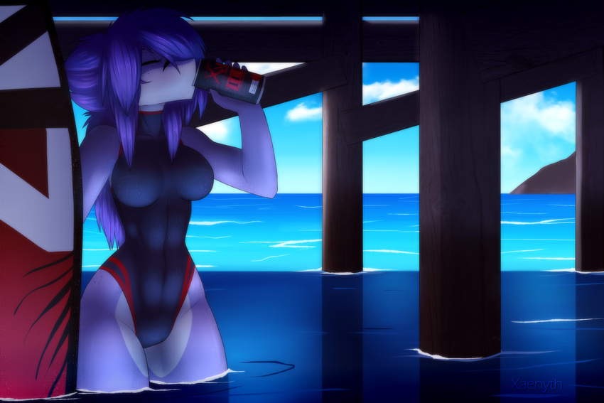 3:2 anthro breasts closed_eyes clothed clothing detailed_background drinking female fish hair hi_res marine non-mammal_breasts one-piece_swimsuit partially_submerged purple_hair shark solo sport_swimsuit standing swimwear water wide_hips xaenyth xaenyth_(character)