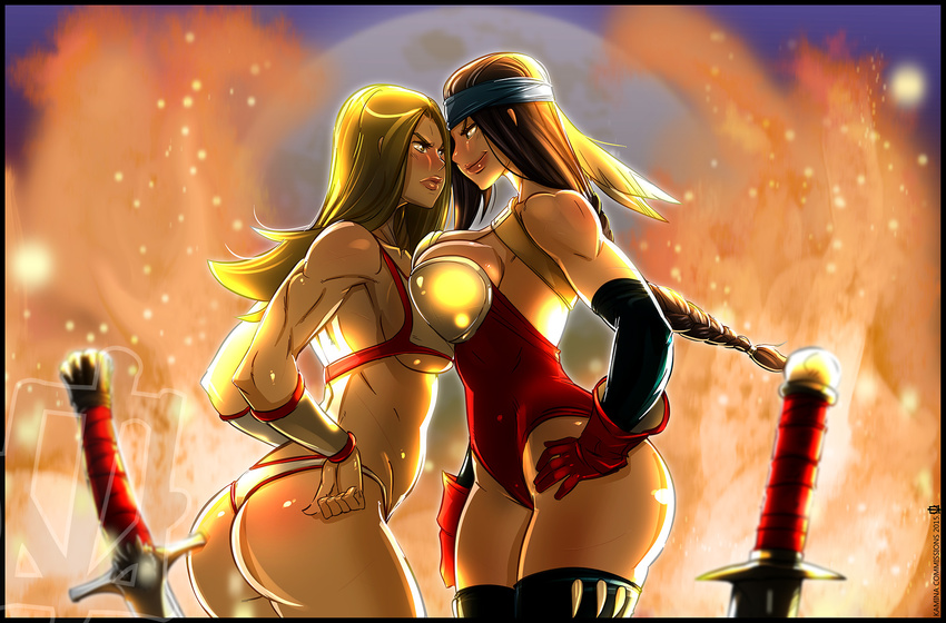 angry armor ass bandana bikini_armor blue_eyes blush bra breasts brown_eyes brown_hair cowboy_shot curvy depth_of_field detached_sleeves eye_contact female fire gloves golden_axe gradient gradient_background hand_on_hip hands_on_hips kamina1978 large_breasts leaning_forward leotard lips long_hair multiple_girls original outdoors panties sega shiny shiny_skin standing sword symmetrical_docking thighhighs toned tyris_flare underwear weapon