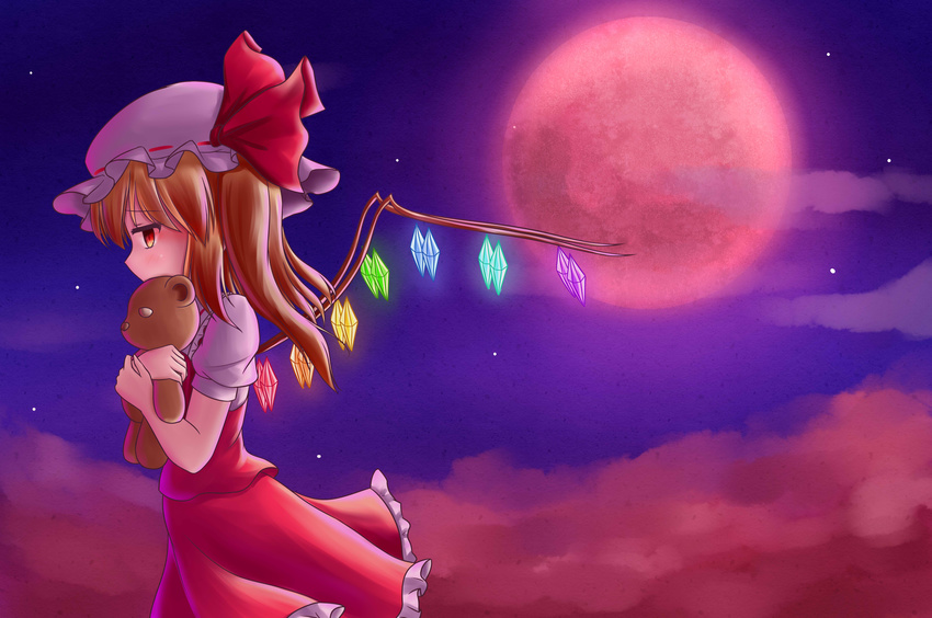 absurdres bad_id bad_pixiv_id blonde_hair chinese_commentary cloud commentary_request covering_own_mouth dior-zi female flandre_scarlet fog full_moon hat highres hugging_object mob_cap moon night outdoors profile red_eyes red_moon short_hair short_sleeves side_ponytail skirt skirt_set sky solo star_(sky) starry_sky stuffed_animal stuffed_toy teddy_bear touhou wings