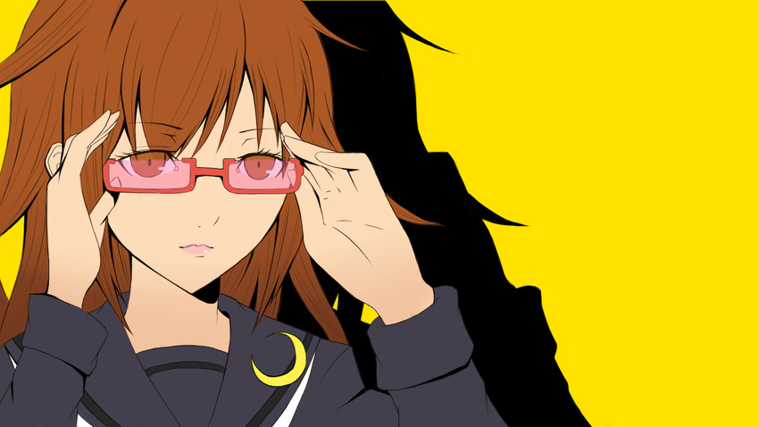 commentary_request crescent female glasses highres kantai_collection long_hair looking_at_viewer mochizuki_(kancolle) parody persona persona_4 school_uniform semi-rimless_eyewear serafuku solo tnk_(p_freaks)