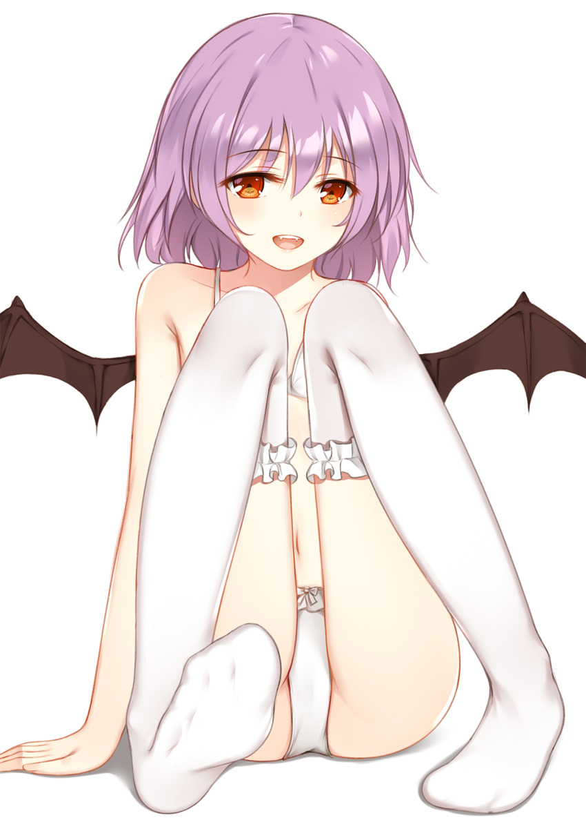 :d ass bare_arms bare_shoulders bat_wings black_wings bow bow_panties bra bridal_garter collarbone commentary fangs feet female flan_(seeyouflan) full_body hair_between_eyes highres ke-ta_(style) knees_up legs light_purple_hair looking_at_viewer navel no_headwear no_shoes open_mouth panties photoshop_(medium) red_eyes remilia_scarlet short_hair simple_background sitting smile soles solo stomach teeth thighhighs thighs touhou underwear underwear_only white_background white_bow white_bra white_panties white_thighhighs wings