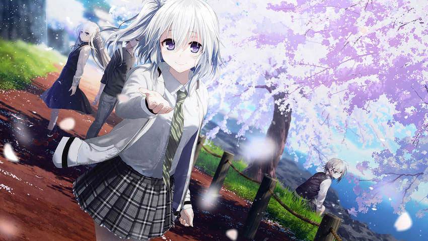 1boy 3girls ai_(re:lief) cherry_blossoms grey_hair grey_skirt hair_ornament highres kurono_mitsuki long_hair mhlia_blanco mocha_(cotton) multiple_girls necktie outdoors pleated_skirt purple_eyes re:lief_~shin'ai_naru_anata_e~ school_uniform shirt short_hair side_ponytail sitting skirt smile tree white_shirt yuu_(re:lief)