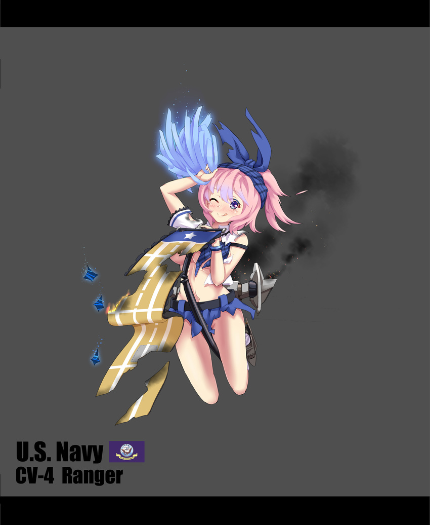 ;d absurdres bikini bikini_top_only blue_eyes blush breasts character_name cheerleader commentary_request female hair_ribbon hairband highres large_breasts letterboxed midriff no_panties official_art one_eye_closed open_mouth photoshop_(medium) pink_hair pom_pom_(cheerleading) ponytail ranger_(mod)_(warship_girls_r) ranger_(warship_girls_r) ribbon rigging sirills skirt smile solo swimsuit tearing_up torn_clothes uss_ranger_(cv-4) warship_girls_r