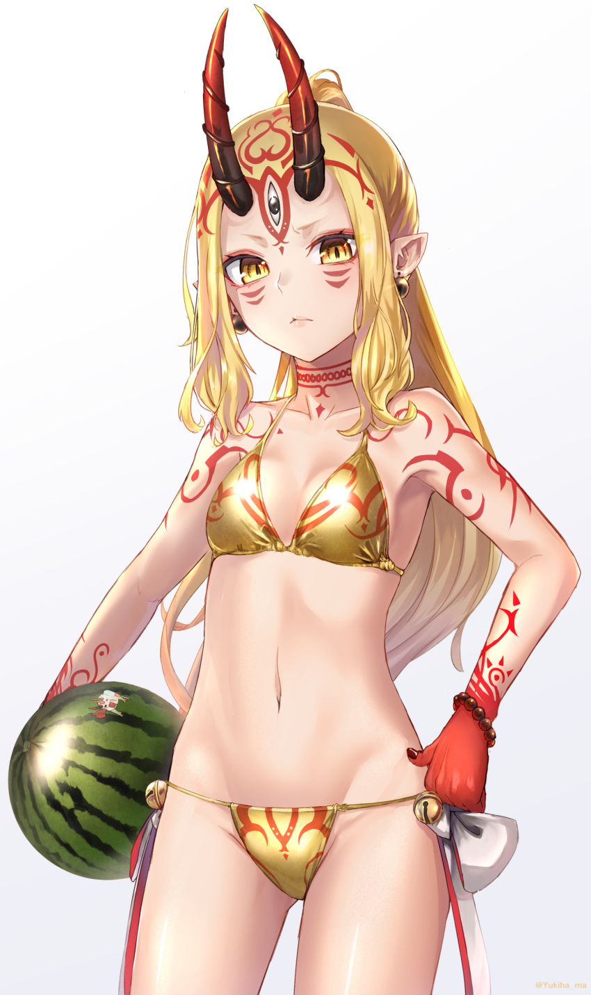 absurdres bad_id bad_pixiv_id bell bikini blonde_hair breasts closed_mouth commentary_request earrings facial_mark fate/grand_order fate_(series) female food fruit gradient_background hand_on_own_hip highres holding holding_food horns ibaraki_douji_(fate) jewelry jingle_bell legs_apart long_hair looking_at_viewer medium_breasts nail_polish navel oni oni_horns pointy_ears ponytail red_nails solo standing stomach swimsuit tattoo third_eye watermelon yellow_bikini yellow_eyes yukihama