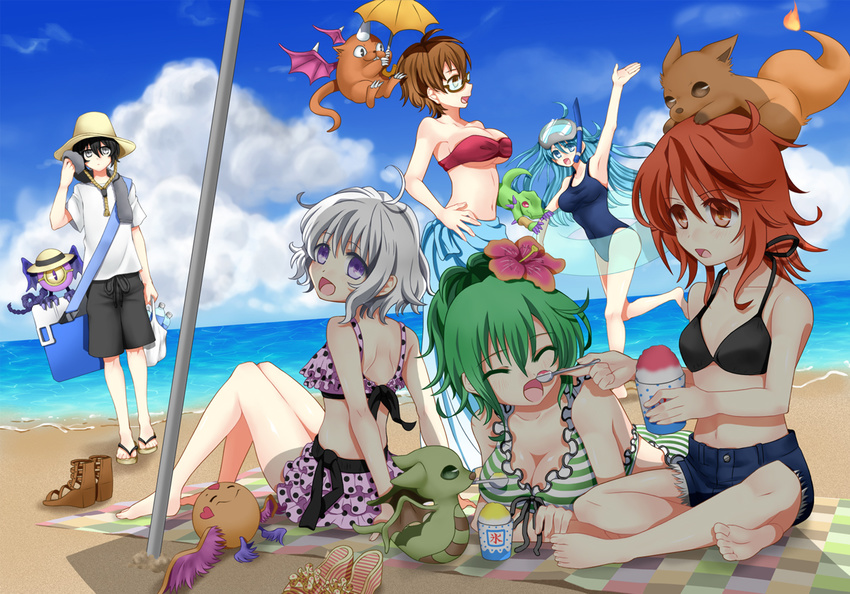 19th_master 1boy 5girls alternate_costume archfiend_marmot_of_nefariousness aussa_(yu-gi-oh!) aussa_the_earth_charmer bad_id bad_pixiv_id beach bikini black_eyes black_hair blue_eyes blue_hair breasts brown_eyes brown_hair cleavage closed_eyes day dharc_(yu-gi-oh!) dharc_the_dark_charmer diving_mask duel_monster eria_(yu-gi-oh!) eria_the_water_charmer flower food fox_fire_(yu-gi-oh!) gigobyte glasses goggles green_hair hair_flower hair_ornament happy_lover hat hibiscus hiita_(yu-gi-oh!) hiita_the_fire_charmer large_breasts long_hair lyna_(yu-gi-oh!) lyna_the_light_charmer meda_bat multiple_girls outdoors petit_dragon purple_eyes red_eyes red_hair shaved_ice short_hair side-tie_bikini_bottom snorkel swimsuit umbrella white_hair wynn_(yu-gi-oh!) wynn_the_wind_charmer yu-gi-oh!