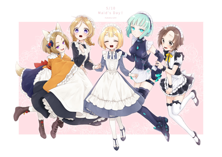 5girls animal_ears apron black_eyes blonde_hair braid brown_hair closed_eyes commentary_request cyborg dress frills goshi-san green_eyes green_hair hat long_dress maid maid_apron maid_day maid_headdress mob_cap multiple_girls open_mouth original pantyhose purple_eyes short_hair tail thighhighs twin_braids wide_sleeves