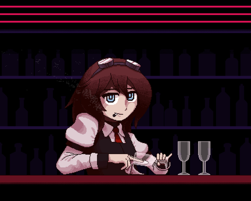 bar black_vest blue_eyes brown_hair cigarette cup devo4ka dipfanken dress_shirt drinking_glass female glasses holding holding_drinking_glass julianne_stingray long_hair long_sleeves looking_at_viewer original pixel_art puffy_sleeves shirt smoke smoking solo va-11_hall-a vest white_shirt