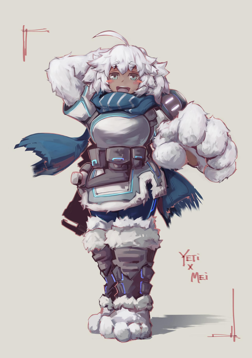 :d ahoge animal_hands arm_behind_head belt_pouch blue_scarf blush_stickers boots character_name commentary commission cosplay dark-skinned_female dark_skin deel_(rkeg) english_commentary female fur-trimmed_boots fur-trimmed_jacket fur_trim green_eyes highres jacket looking_at_viewer md5_mismatch mei_(overwatch) mei_(overwatch)_(cosplay) monster_girl monster_girl_encyclopedia open_mouth overwatch overwatch_1 pouch scarf short_hair simple_background smile solo thick_eyebrows white_fur white_hair yeti_(monster_girl_encyclopedia)