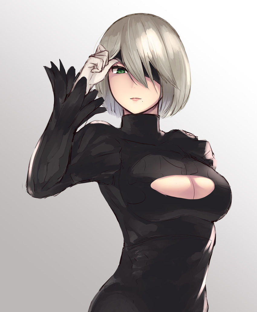 2b_(nier:automata) adapted_costume alternate_eye_color black_blindfold black_dress blindfold blindfold_slip breasts cleavage_cutout closed_mouth clothing_cutout commentary dress female gradient_background green_eyes highres large_breasts mole mole_under_mouth nier:automata nier_(series) one_eye_covered photoshop_(medium) puffy_sleeves short_hair simple_background solo takinashi_(friend_coffee) turtleneck upper_body white_hair