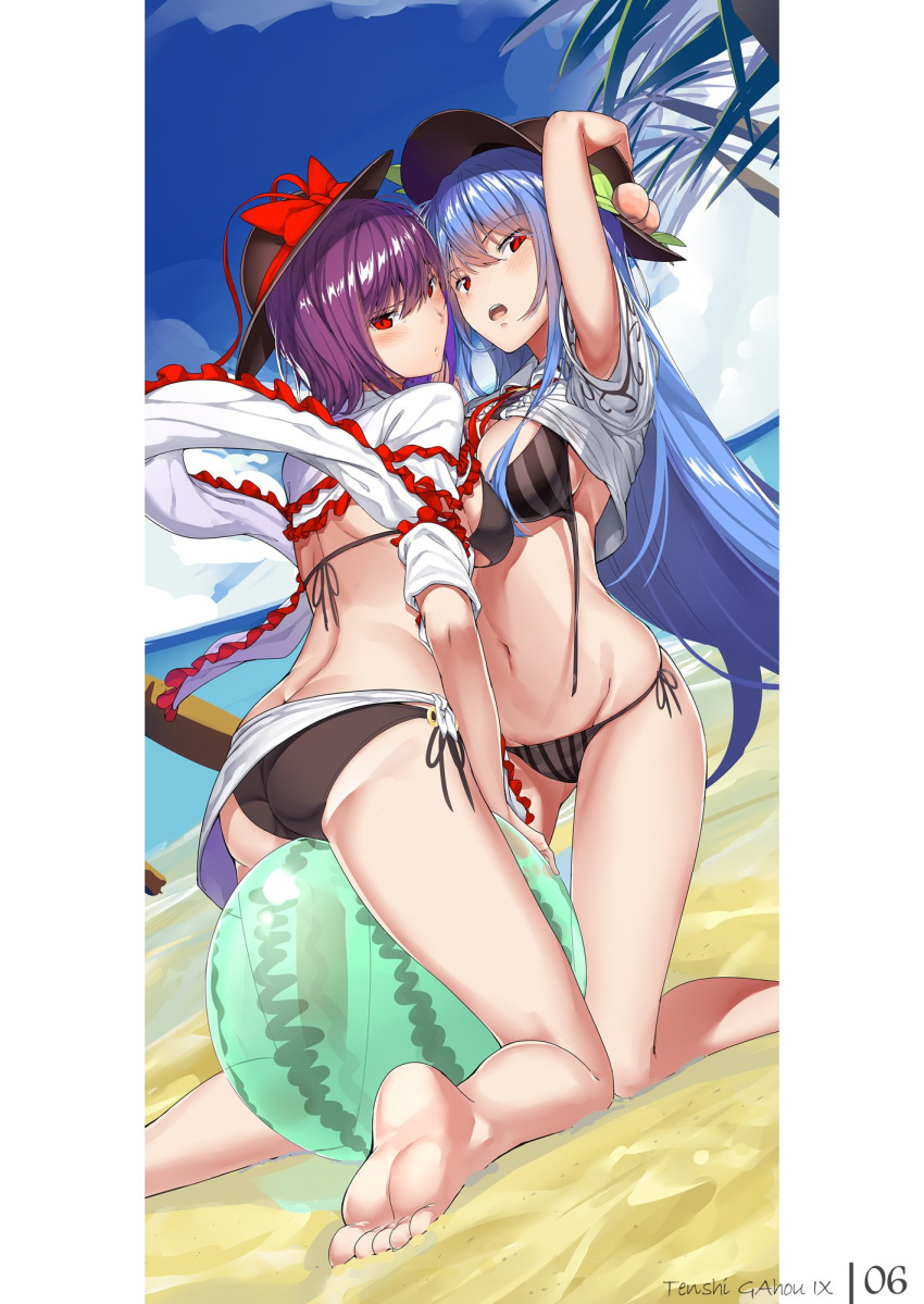 2girls arm_up ass asymmetrical_docking ball bare_legs barefoot beachball bikini black_bikini black_hat blue_hair blue_sky blush bow breast_press breasts center_frills clothes_lift cloud commentary_request day food frilled_shawl frilled_shirt frills from_behind fruit groin hagoromo hair_between_eyes hand_on_headwear hat hat_bow highres hinanawi_tenshi kneeling large_breasts leaf long_hair looking_at_viewer looking_back multiple_girls nagae_iku navel neck_ribbon neropaso open_mouth outdoors palm_tree peach purple_hair red_bow red_eyes red_ribbon ribbon sand sarong shawl shirt shirt_lift short_hair short_sleeves side-tie_bikini_bottom skindentation sky stomach striped_bikini striped_clothes swimsuit thighs touhou tree untied_bikini vertical-striped_bikini vertical-striped_clothes very_long_hair white_shirt